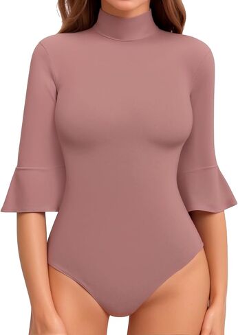 MANGOPOP 3/4 Bell Sleeve Mock Neck Short Sleeve Bodysuit for Going Out Tops for Women in Saudi Arabia
