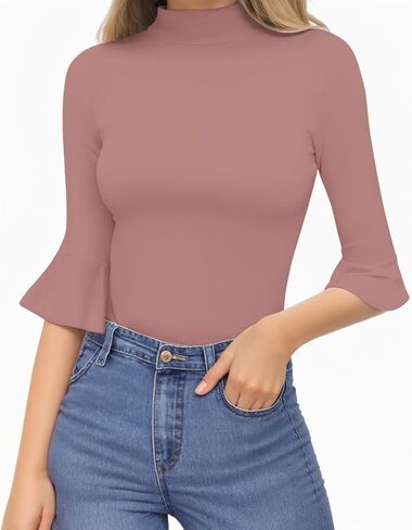 MANGOPOP 3/4 Bell Sleeve Mock Neck Short Sleeve Bodysuit for Going Out Tops for Women in Saudi Arabia