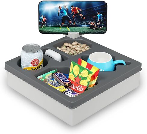 علبة الأريكة مع حامل هاتف قابل للدوران، صينية حامل أكواب الأريكة لتنظيم أريكة السرير، حامل مشروبات الأريكة المقاوم للماء، حامل أكواب السرير، مثالية للوجبات الخفيفة والمشروبات وجهاز التحكم عن بعد والهاتف المحمول (رمادي داكن) in Saudi Arabia