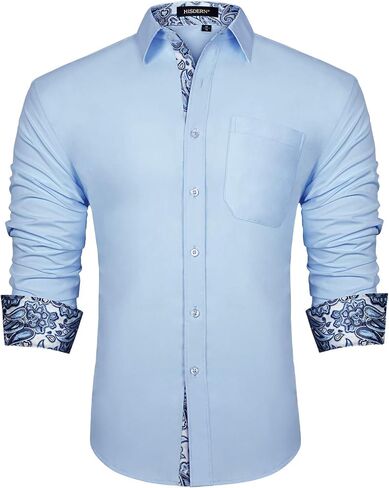 HISDERN Mens Business Dress Shirts Long Sleeve Casual Button Down Shirt Formal Inner Collar Contrast Shirt for Men Wedding in Saudi Arabia