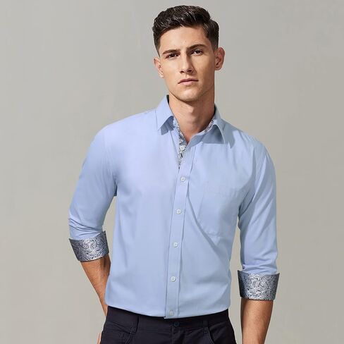 HISDERN Mens Business Dress Shirts Long Sleeve Casual Button Down Shirt Formal Inner Collar Contrast Shirt for Men Wedding in Saudi Arabia