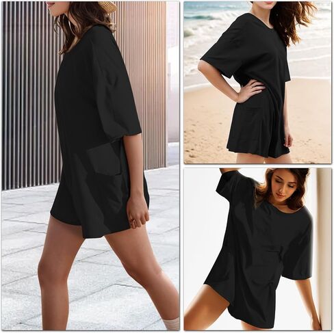 Rompers for Women Loose Hot Shot Tee Romper Casual Athletic Workout Jumpsuit Trendy Outfits with Pockets in Saudi Arabia