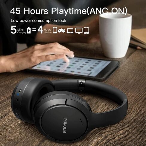 RUNOLIM Hybrid Active Noise Cancelling Headphones, 65H Playtime, Built-in Microphone, Bluetooth Wireless Over Ear Foldable Headphones with HiFi Audio, Home Travel Office in Saudi Arabia