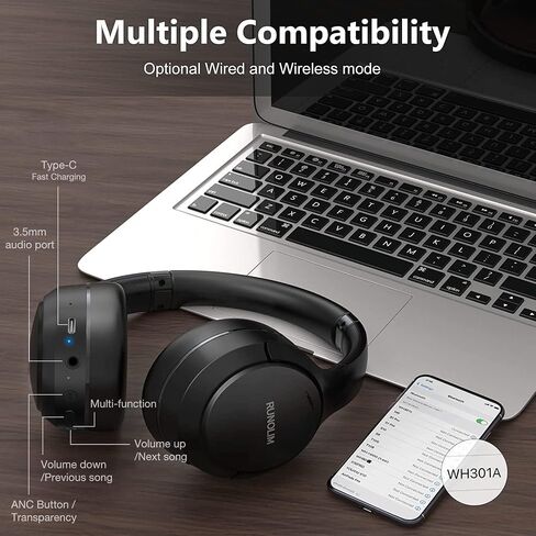 RUNOLIM Hybrid Active Noise Cancelling Headphones, 65H Playtime, Built-in Microphone, Bluetooth Wireless Over Ear Foldable Headphones with HiFi Audio, Home Travel Office in Saudi Arabia