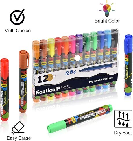 EooUooIP Whiteboard Marker-12 Pack Whiteboard Pen Set Assorted Color Dry Wipe Pens For Whiteboard Erasable Marker Multicolors Liquid Chalk Pen for School Teacher Supply Class Student or Office Meeting in Saudi Arabia