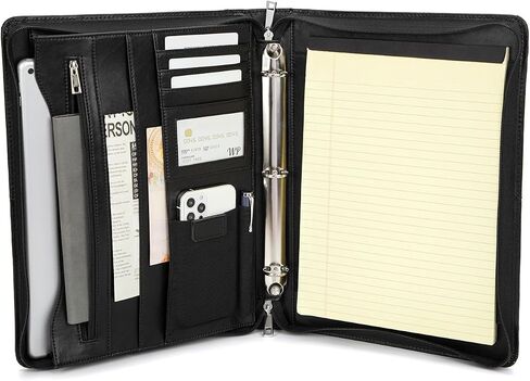 Leather Portfolio with 3 Ring Binder, Vegan Leather Padfolio Zippered, A4 Notebook Holder Laptop Sleeve Professional Business Organizer Gift for Men and Women, Black in Saudi Arabia