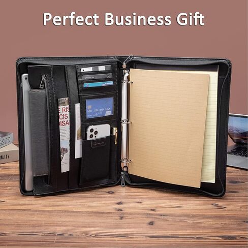 Leather Portfolio with 3 Ring Binder, Vegan Leather Padfolio Zippered, A4 Notebook Holder Laptop Sleeve Professional Business Organizer Gift for Men and Women, Black in Saudi Arabia