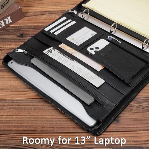 Leather Portfolio with 3 Ring Binder, Vegan Leather Padfolio Zippered, A4 Notebook Holder Laptop Sleeve Professional Business Organizer Gift for Men and Women, Black in Saudi Arabia