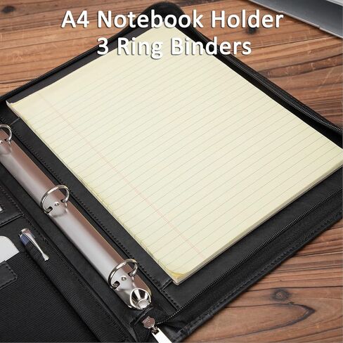 Leather Portfolio with 3 Ring Binder, Vegan Leather Padfolio Zippered, A4 Notebook Holder Laptop Sleeve Professional Business Organizer Gift for Men and Women, Black in Saudi Arabia