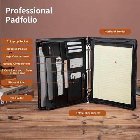 Leather Portfolio with 3 Ring Binder, Vegan Leather Padfolio Zippered, A4 Notebook Holder Laptop Sleeve Professional Business Organizer Gift for Men and Women, Black in Saudi Arabia