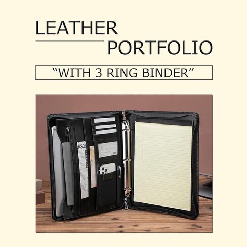 Leather Portfolio with 3 Ring Binder, Vegan Leather Padfolio Zippered, A4 Notebook Holder Laptop Sleeve Professional Business Organizer Gift for Men and Women, Black in Saudi Arabia