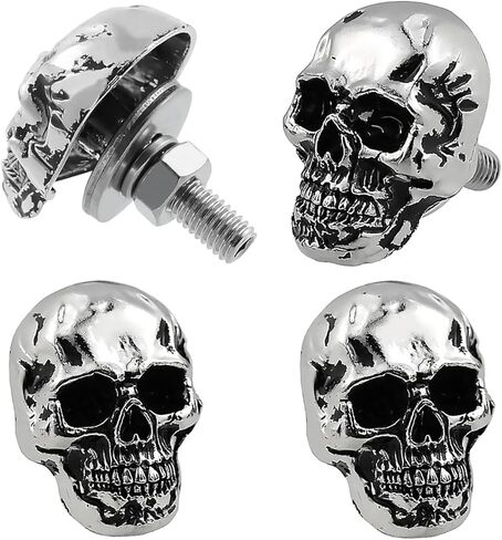 Skull License Plate Screw Fasteners Decorative Cool Funny License Plate Bolts License Plate Frame Kit 4 Pcs Aluminum Alloy Universal Fit Most Cars Truck Motorcycle Vehicle Silver in Kuwait