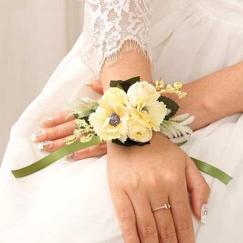 CASDRE العروس الزفاف المعصم الصدار زهرة اليد مع الشريط الصدار السوار اكسسوارات الزفاف للنساء والفتيات (أصفر) in Kuwait
