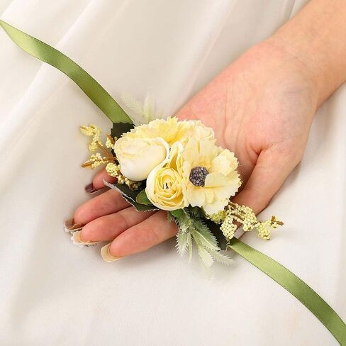 CASDRE العروس الزفاف المعصم الصدار زهرة اليد مع الشريط الصدار السوار اكسسوارات الزفاف للنساء والفتيات (أصفر) in Kuwait