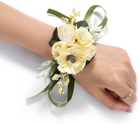 CASDRE العروس الزفاف المعصم الصدار زهرة اليد مع الشريط الصدار السوار اكسسوارات الزفاف للنساء والفتيات (أصفر) in Kuwait