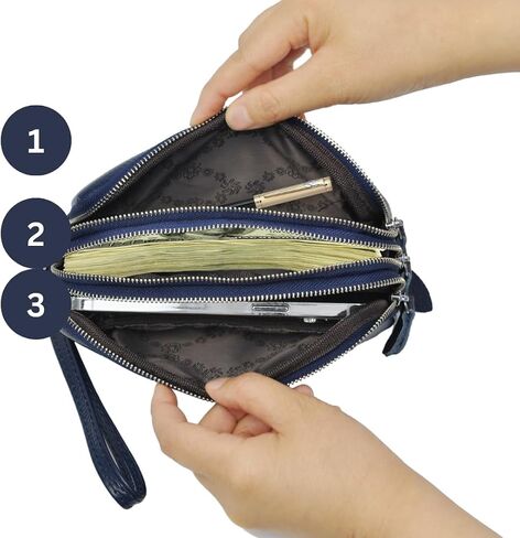 NGIL Genuine Leather RFID Three Zippered Wristlet Handbag for Women, Large Capacity Clutch Purse, Card Case & Money Organizer in Saudi Arabia