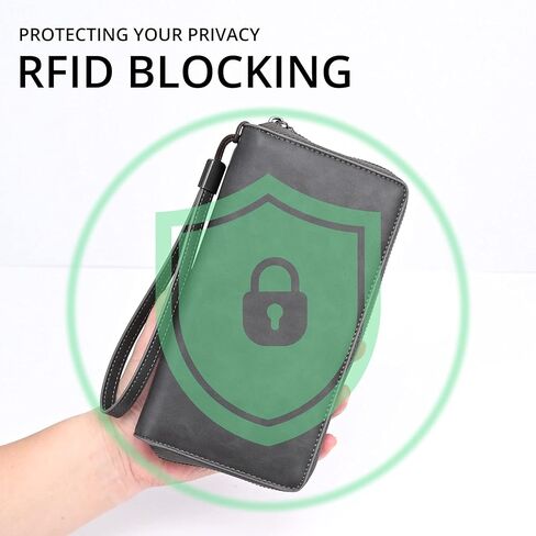 Women's RFID Blocking Leather Zip Around Wallet Large Phone Holder Clutch Travel Purse Wristlet (Black) in Kuwait