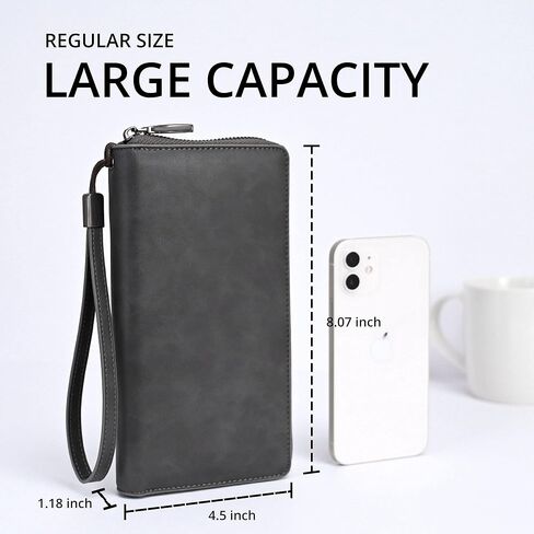 Women's RFID Blocking Leather Zip Around Wallet Large Phone Holder Clutch Travel Purse Wristlet (Black) in Kuwait