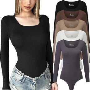 FMNNNN 5 Pack Body Suits for Womens Long Sleeve Square Neck Casual Stretchy Basic T Shirt Bodysuit Tops