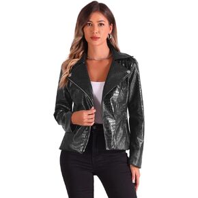 Allegra K Faux Leather Jacket for Women's Motorcycle Zip Up Cropped PU Biker Coats