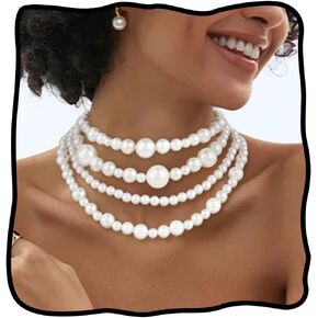 Nicute Layered Pearl Choker Necklace White 1920s Vintage Collar Chunky Wedding Classic Necklace for Women