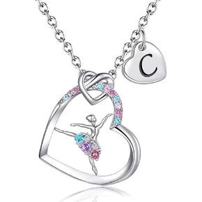 Ballerina Necklaces Gifts for Girls,Colorful CZ Heart Pendant Ballet Dancer Necklaces for Teens Girls Letter Initial Rainbow Dance Necklace Jewelry Gifts for Girls Women