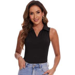 SHAPERIN Women's V Neck Polo Bodysuit Tops Short Sleeve Sleeveless Sexy Slim Collared Leotard