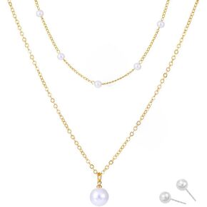 Gold Pearl Necklace for Women, 14K Gold Plated Layered Freshwater Pearl Necklaces Trendy Simple Herringbone Chain Pearl Necklace for Girls Gold Jewelry Gifts