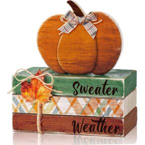 4 Pcs Fall Tiered Tray Decor Fall Wood Book Stack with Wooden Pumpkin Sign Autumn Thanksgiving Stacked Book Pumpkin Decor Bundle for Home Table Shelf Centerpiece Farmhouse Decorations