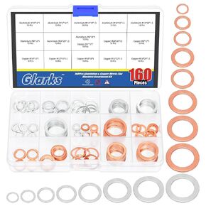 Glarks 160pcs Copper & Aluminum Oil Drain Plug Crush Washer Gasket Assortment, M6 M8 M10 M12 M14 M16 M18 M20 Copper Crush Washer and Aluminum Oil Plug Gasket Set