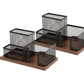 Wooden Mail Organizer with Pencil Holders, Metal Mesh Desktop File Organizer with 5 Vertical Slot - Black, Letter Organizer Rack for Letters, Postcards, Stationery (2 Pack)