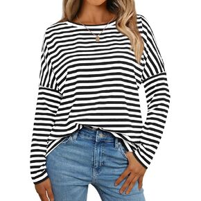 AUTOMET Womens Oversized Striped Long Sleeve Crew Neck Casual Shirts Basic Tops