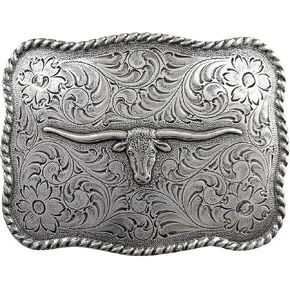 Longhorn Steer Head Western Rope Belt Buckle with Sterling Silver Finish