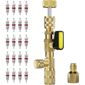 Valve Core Remover Installer Tool with Dual Size SAE 1/4 and 5/16 Port Brass Adapter, Schrader Valve Tool for R22 R410a Refrigerant Systems with 20pcs Valve Cores