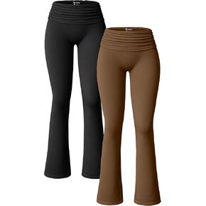 OQQ Women's 2 Piece Flared Pants Ribbed Fold Over Kick Ruched Stretch High Waist Casual Wide Leg