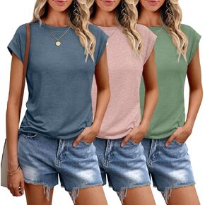 3 Pack Womens Summer Tops Cap Sleeve Shirts Crewneck Loose Causal Tshirt Basic Tee 2024 Trendy