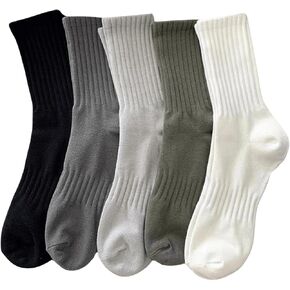 OYOANGLE Men's 5 Pairs Casual Solid Mid Calf Socks Knitted Soft Breathable Crew Socks Athletic Socks