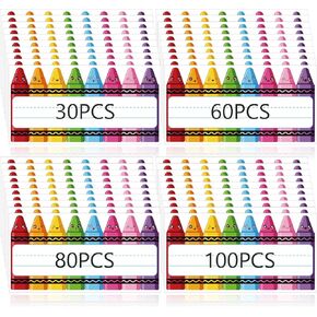 30 Pieces Crayons Name Tags Colorful Cartoon Crayon Expression Nameplate First of School Crayons Name Label Stickers Decorative for Back to School Party Desk Wall Message Board