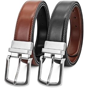 Men’s Leather Belt, Adjustable Reversible Belt with Rotating Buckle for Jeans Pants, One Reverse for 2 Colors