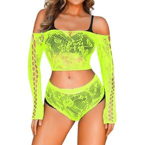 Rave Outfit For Women, Off Shoulder Long Sleeve Top Two Piece Fishnet Bodysuit, Sexy Lingerie Set Boudoir Club Dancer