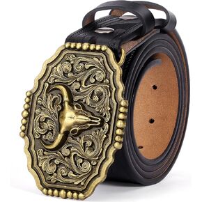 BISON DENIM Men's Western Cowboy Belt with Big Printed Engraved Buckle Strap Adjustable