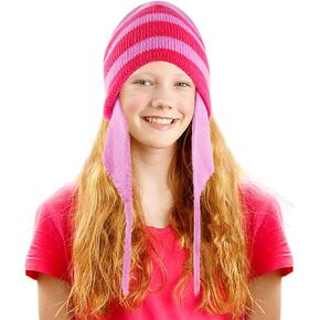 TANTAKO Pink Striped Beanie with Ear Flap, Peruvian Winter Hat for Women Girls Halloween Cosplay Costume