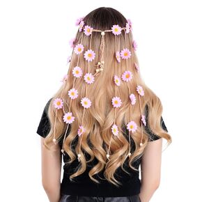 1pcs Flower Hippie Headband Floral Crown Summer Sunflower Hair Accessories for 70 s Bohemian Costumes Style (Pink)
