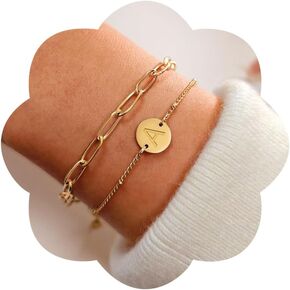 18k Gold Plated Initial Bracelets for Women Stainless Steel Layered Coin Letter Bracelets Dainty Beaded Chain Paperclip Chain Personalized Name Bracelet Letter A-Z