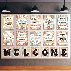 17 Pcs Retro Welcome Classroom Posters Bulletin Board Decorations, Groovy Motivational Posters for Classroom with Inspirational Sayings, Welcome Back to School Bulletin Board Classroom Decorations