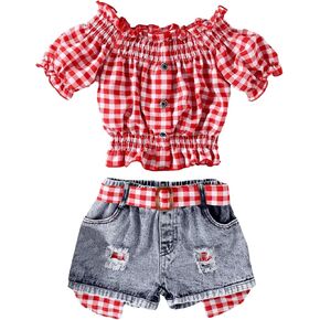 Girl's Two Piece Outfits Gingham Print Puff Sleeve Shirts Top Crop Top and Ripped Denim Shorts Jean Set with Belt