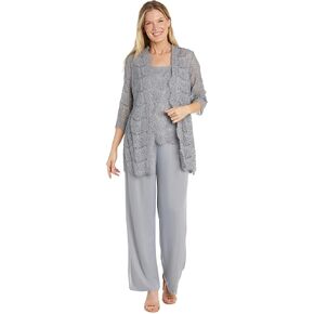 3PC Duster Pant Suit Lace Shell & Jacket W/Chiffon Pant