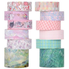 Washi Tape Set, 12 Rolls, Decorative Cute Masking Tape for Journaling, Scrapbooking, Bullet Journals, Planners, Aldults & Kids DIY Crafts, Each Roll 16.4 ft (5m) Long