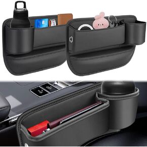 Car Seat Gap Filler Organizer, Leather Car Seat Gap Filler with Cup Holder, Adjustable Car Seat Storage Box for Phones Sunglasses Keys Cards (Black, 2 Pack)