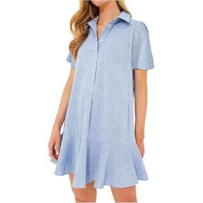 Women's Button Down Shirt Dress Summer Casual Short Sleeve Cotton Linen Ruffle Shift Mini Dresses